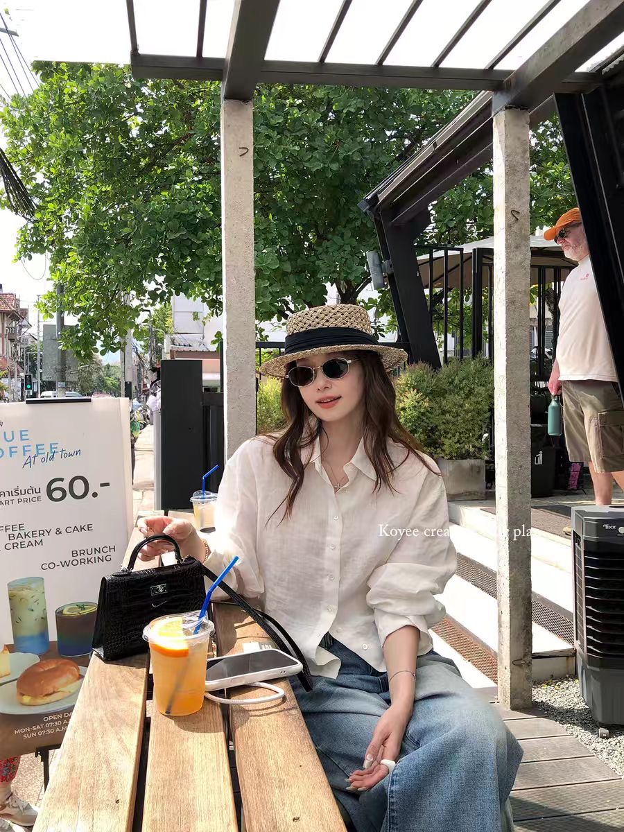 100 순수 린넨 허리 수축 화이트 여성 셔츠 여름 새로운 다용도 캐주얼 긴팔 자외선 차단 셔츠