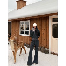 批发实拍实价 灰色毛领连帽修身<b class='q'>短款</b><b class='q'>卫衣</b>外套微喇叭裤长裤两件套