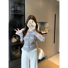 批发实拍实价 圆领毛针织条纹开衫长袖女毛衣<b class='q'>外套</b>木耳边打底衫上衣