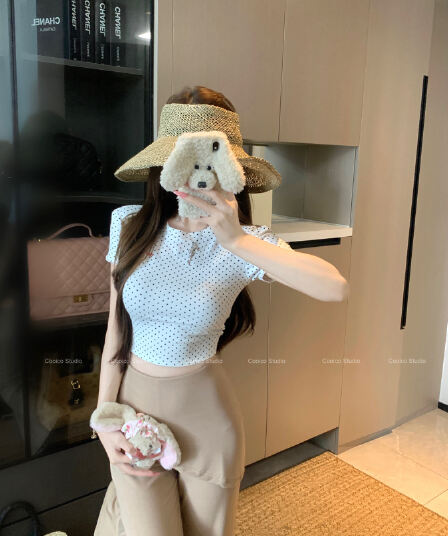실사 정가 작은 알파벳 라운드 넥 도트 무늬 쇼트 스타일 t 마이크로 나팔 랩스커트팬츠 페이크 레이어드 캐주얼 바지