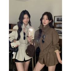 批发高级感翻领收腰显瘦衬衫女配腰带2025早秋新款