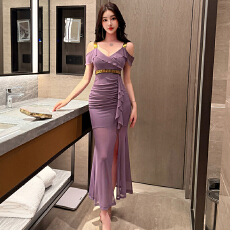 批发实拍现现性感夜店<b class='q'>网纱</b>吊带荷叶边V领收腰显瘦连衣裙夏