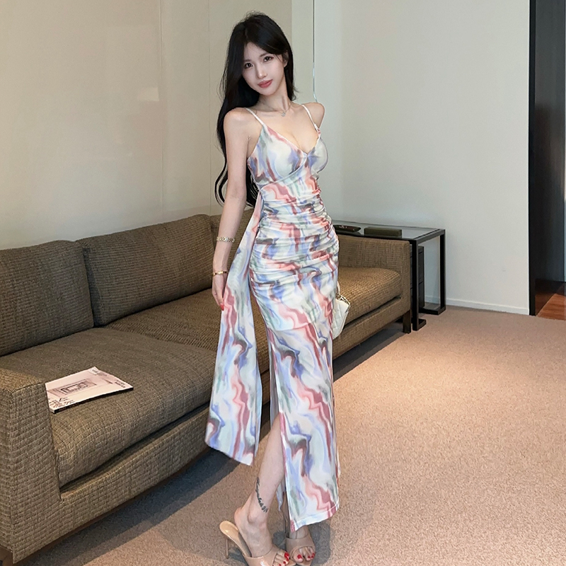 실사 레트로 홀치기 염색 여성 드레스 여름 새로운 몸매 가꾸기 슬립 드레스 순수한 욕망 핫걸 섹시함 트임 롱 스커트