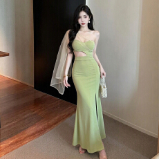 批发实拍现现夜店性感足浴技师冰丝垂顺斜肩开叉<b class='q'>连衣裙</b>名媛礼服长裙夏