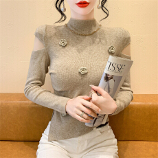 批发实拍2025重工钉钻秋季新款甜美花朵毛衣打底衫修身半高领针织衫