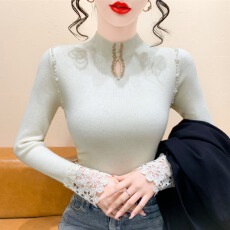 批发实拍 钉珠镂空半高领针织衫女秋冬气质设计感修身冬季长袖毛衣