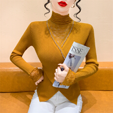 批发实拍2025冬季新款交叉喇叭袖重工钉钻假两件蕾丝拼接针织衫毛衣