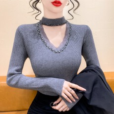 批发实拍 2025秋冬新款蕾丝接钉钻挂脖重工毛衣洋气打底衫V领针织衫潮