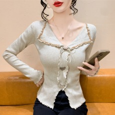 批发实拍 复古钉钻木耳边蝴蝶结V领针织衫女褶皱不规则打底衫上衣