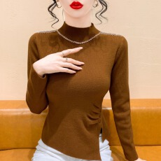 批发实拍 高级感复古钉钻针织打底衫女秋冬穿搭半高领长袖毛衣上衣