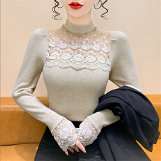 批发实拍 2025秋冬<b class='q'>新款</b>蕾丝拼接百搭挂脖重工毛衣洋气<b class='q'>打底衫</b>V领针织衫