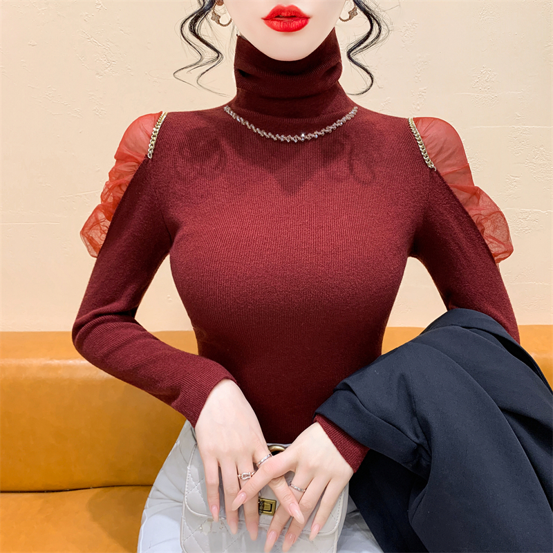 실사 섹시함 홀로우 아웃 비즈 박기 반하이넥 스웨터 여자 가을 겨울철 몸매 가꾸기 패션 망사 패치워크 긴팔 니트 스웨터