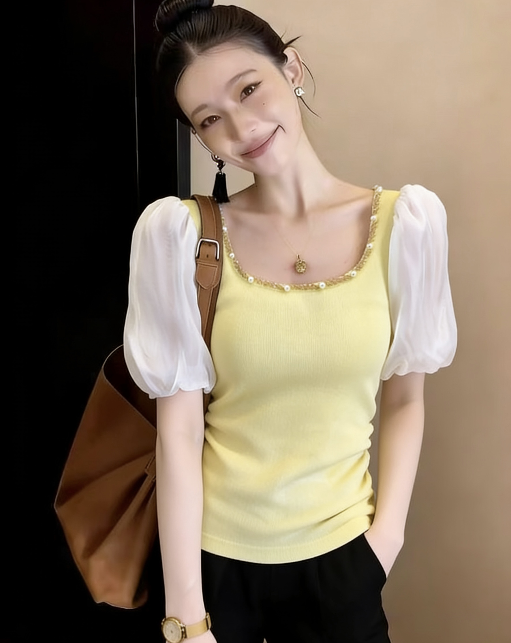 RY526# 实拍 2026新款重工钉钻气质方领针织衫拼接短款雪纺泡泡袖上...