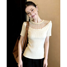 批发绝美蕾丝花边针织上衣女修身气质夏季2026新款甜辣短袖t恤