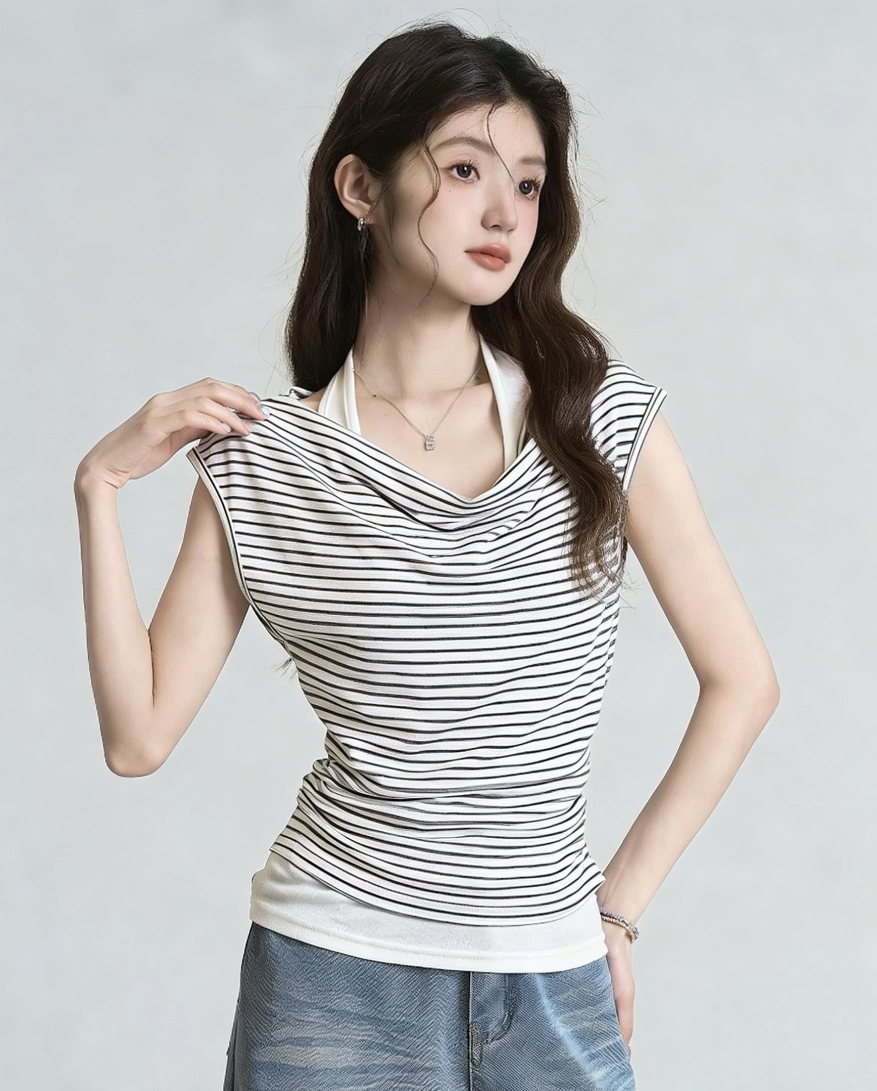 한 부서 부드러운 바람 행침 목 페이크 레이어드 스트라이프 티셔츠 2026 여름 부드럽다 반팔 몸매 가꾸기 패션 품격 맨위