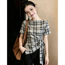 批发法式复古格子<b class='q'>一字肩</b>短袖夏季新款设计感绑带显瘦上衣潮