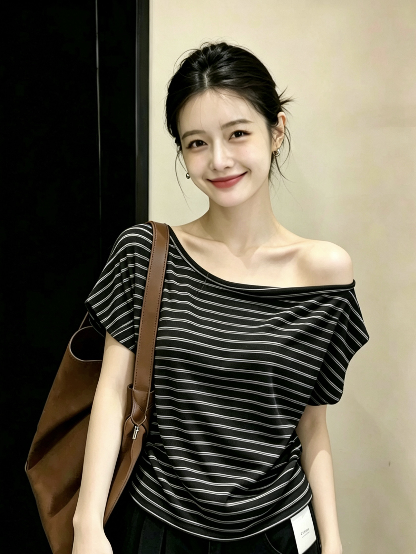 배색 스트라이프 인터넷 에디션 보트넥 수 있습니다. 비스듬한 어깨 반팔 티셔츠 니트 스웨터 여성 봄 여름 부드러운 통기성 편안함 맨위