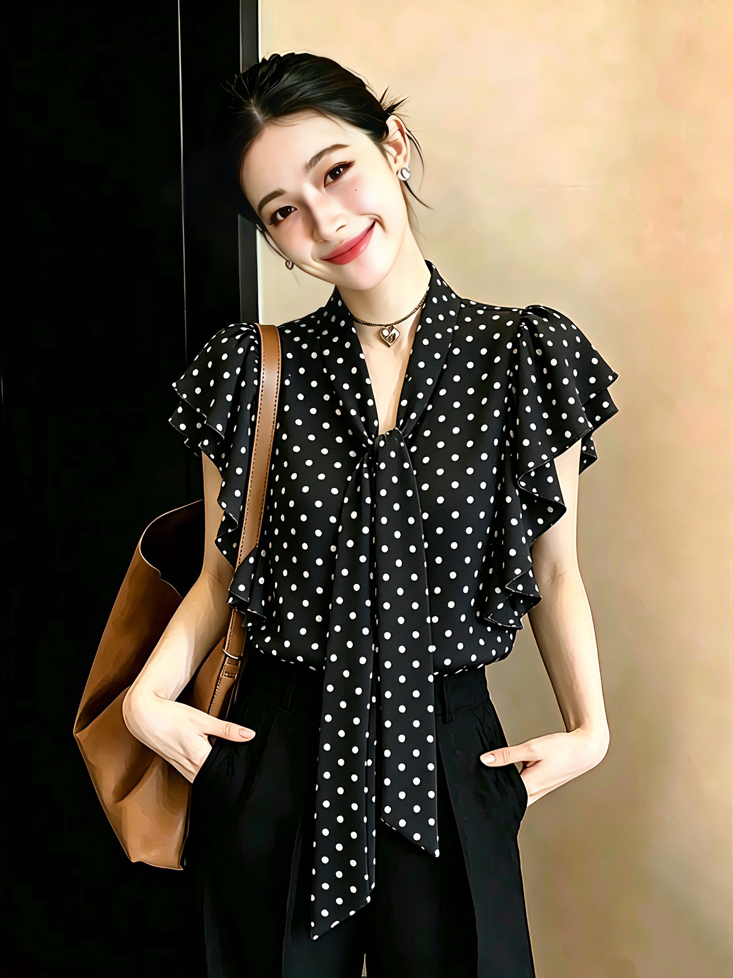 프랑스식 도트 무늬 프린트 리본 V 넥 셔츠 맨위 여성 슬림해 보이는 프릴 Feifei 소매 쉬폰 셔츠 여름