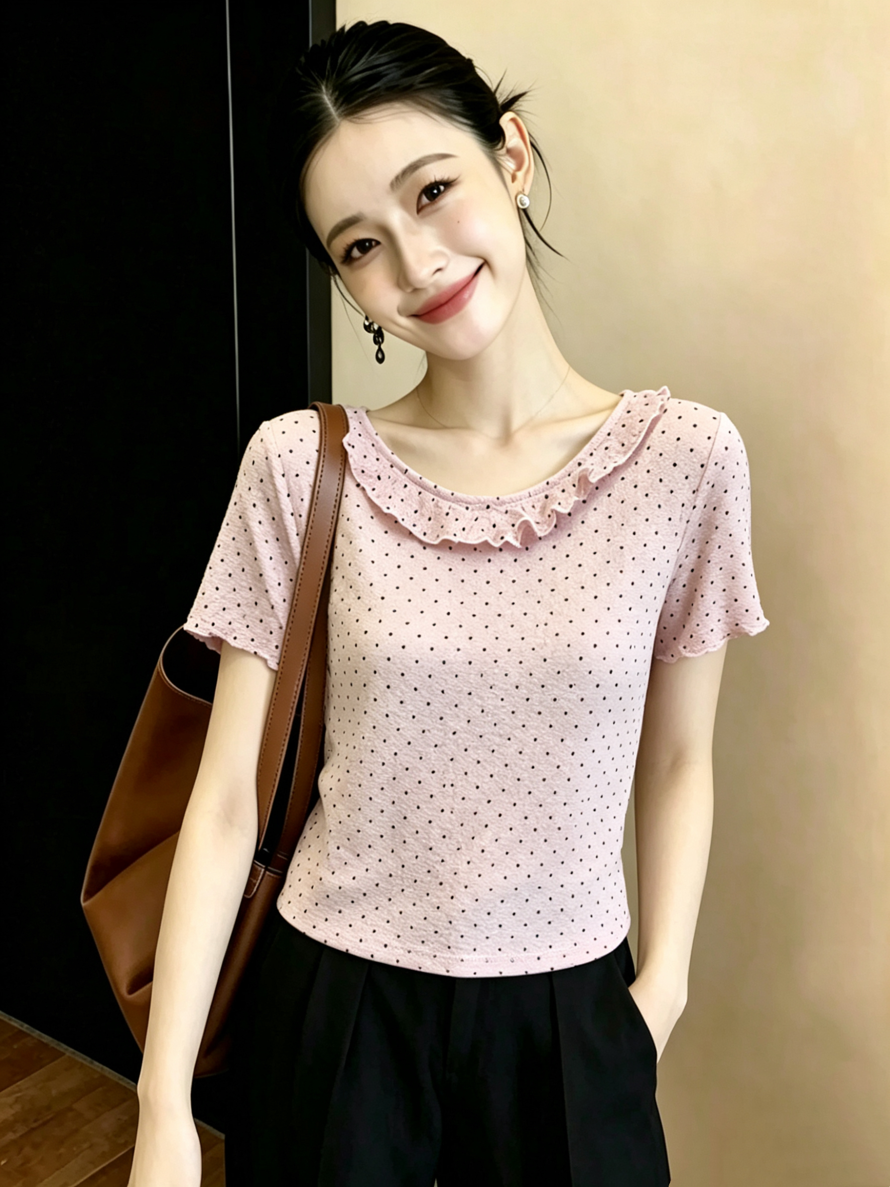 한 부서 달콤한 자매 바람 도트 무늬 프릴 라운드 넥 반팔 티셔츠 여성 의류 레이스 섹션 달콤함 몸매 가꾸기 기본 셔츠 맨위