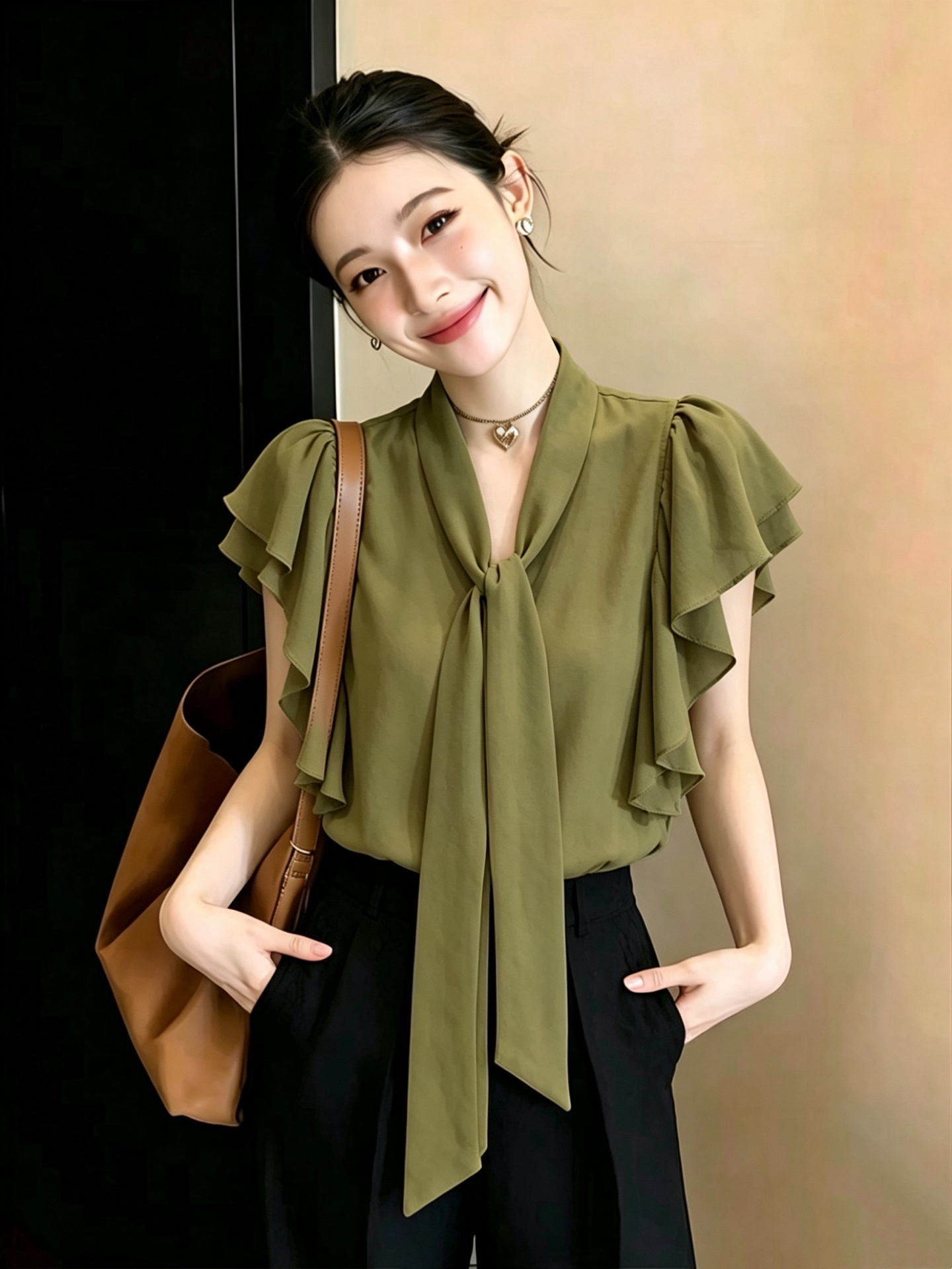프랑스식 프린트 리본 V 넥 셔츠 맨위 여성 슬림해 보이는 프릴 Feifei 소매 쉬폰 셔츠 여름
