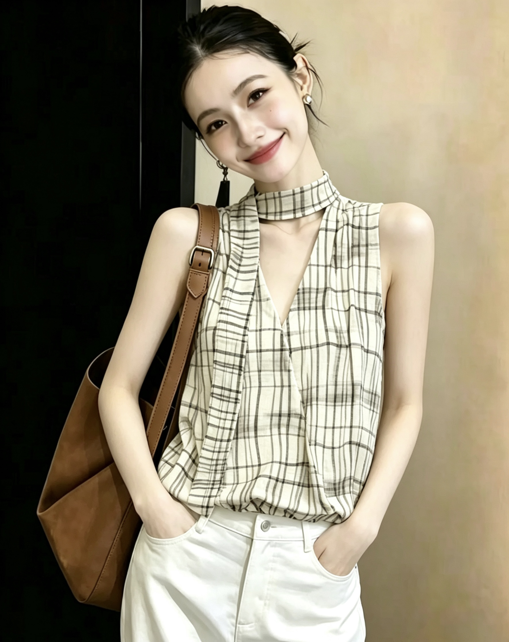 한 부서 체크무늬 행침 목 조끼 여성 민소매 V넥 슬림해 보이는 다용도 외국 가스 고급 센스 디자인 센스 맨위
