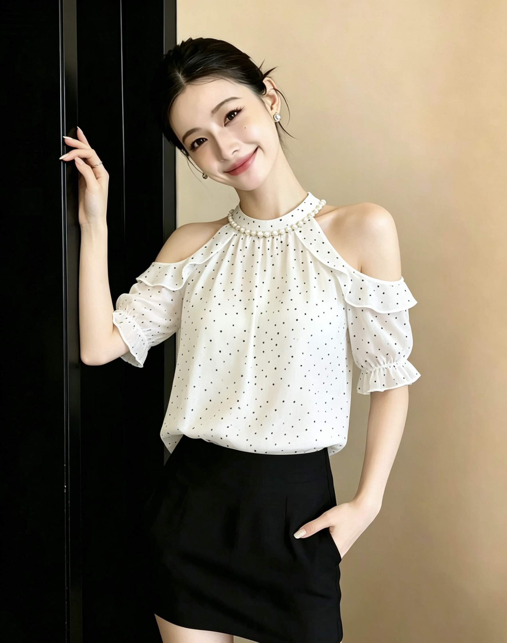 프린트 행침 목 오프숄더 시폰 셔츠 여성 여름 얇은 스타일 프랑스식 품격 우아함 디자인 센스 맨위