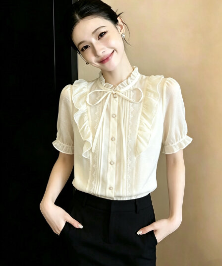 고급 빛 럭셔리 여성 의류 스탠드 칼라 반팔 셔츠 여름 프릴 요정 가스 셔츠 아름다운 얇은 맨위