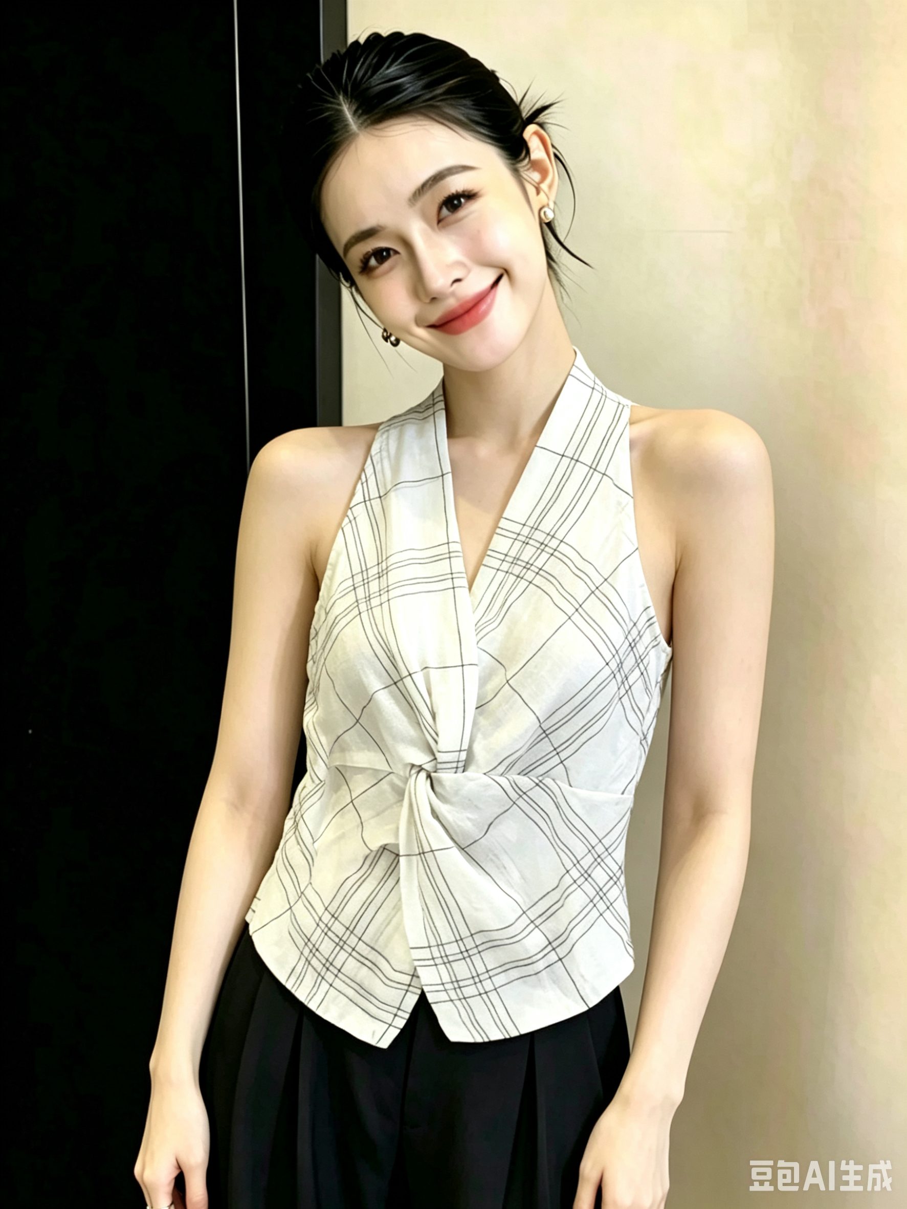 체크무늬 비틀림 V넥 행침 목 조끼 여성 여름 새로운 한 부서 디자인 센스 쇼트 스타일 슬림해 보이는 민소매 맨위