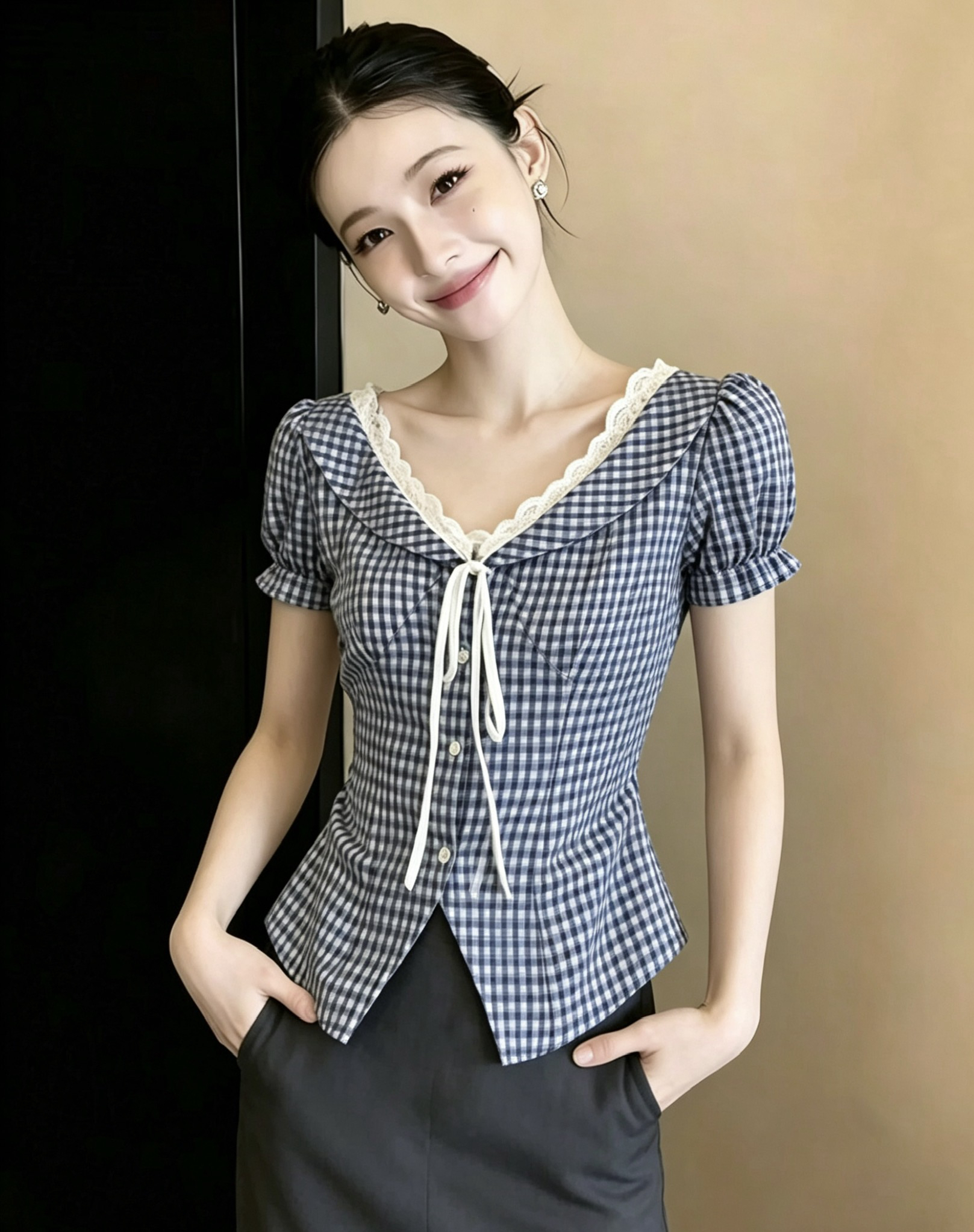 한 부서 순수한 욕망 나비 매듭 레이스 레이스 V넥 격자 무늬 셔츠 여름 드레스 새로운 슬림해 보이는 맨위