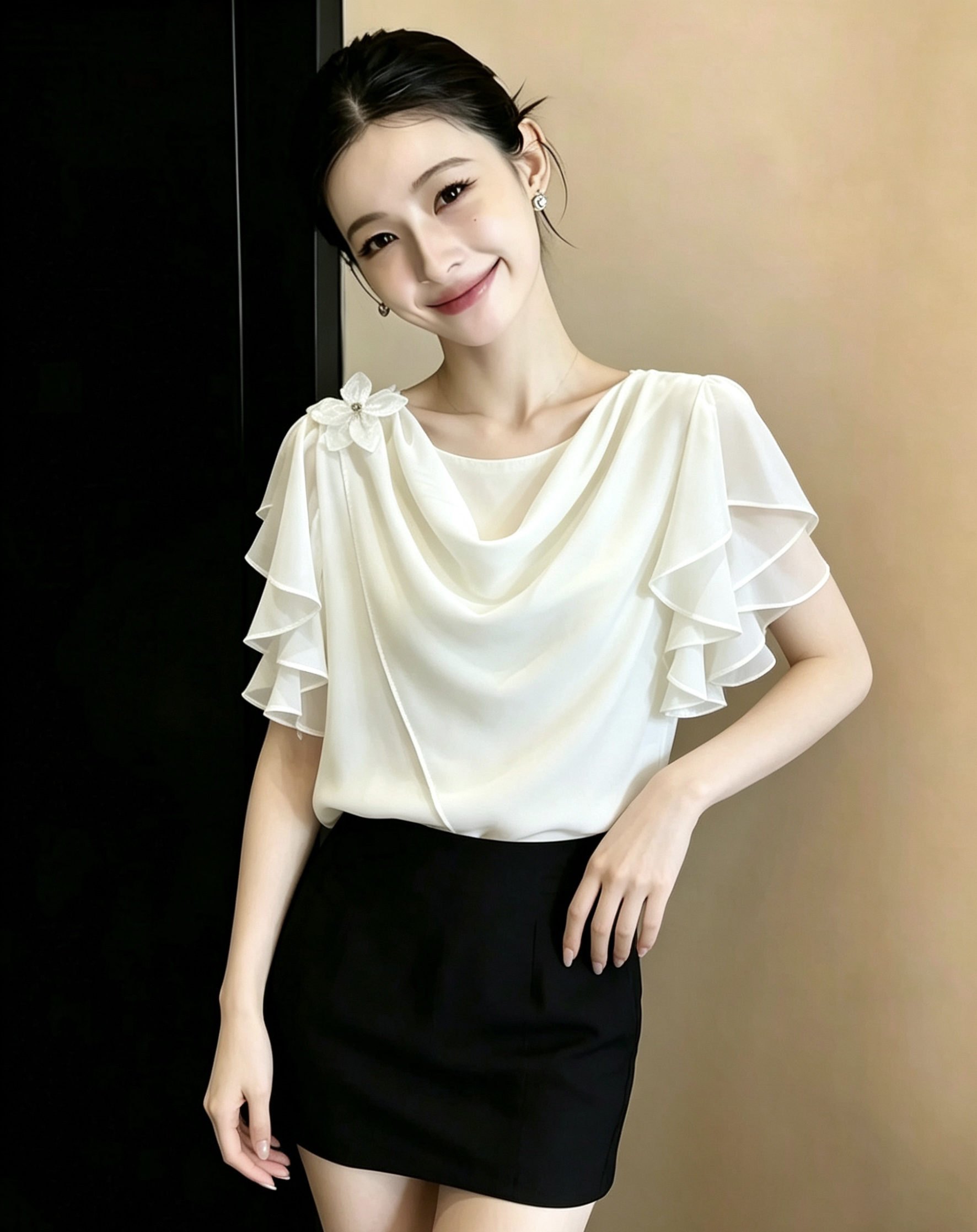 순수한 욕망 흔들다 칼라 꽃 반팔 여성 셔츠 여름 천 금빛 바람 프릴 품격 다용도 맨위