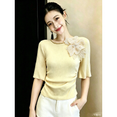 批发轻奢风重工圆领花朵装饰短袖针织衫女夏季绝美独特巨好看的<b class='q'>上衣</b>女