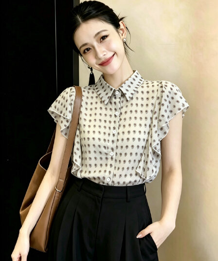 2026 여름 드레스 새로운 반팔 바람 요금 도트 무늬 프랑스식 도트 무늬 프릴 작은 날다 소매 출퇴근 바람 셔츠