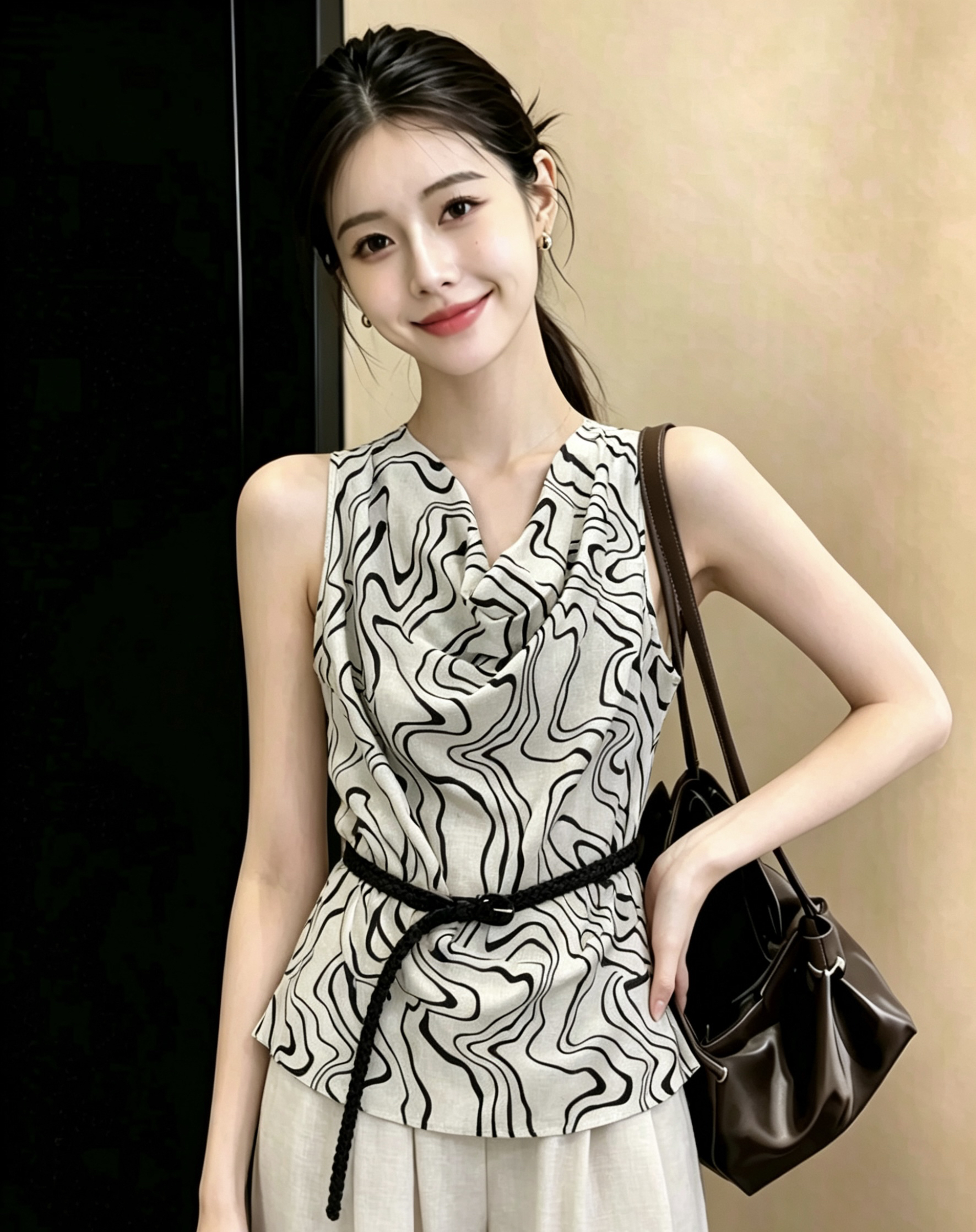 여름 켜기 새로운 레트로 품격 헤일로 염색 라인 흔들다 칼라 민소매 조끼 벨트 포함