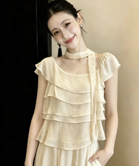 여름 한 부서 불규칙 비스듬한 어깨 다중 레이어 프릴 시폰 셔츠 여성 디자인 센스 오프숄더 몸매 가꾸기 슬림해 보이는 맨위
