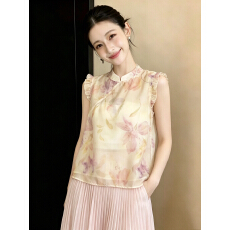 批发新中式国风晕染印花小飞袖上衣女夏季改良旗袍<b class='q'>立领</b>斜襟温柔风衬衫
