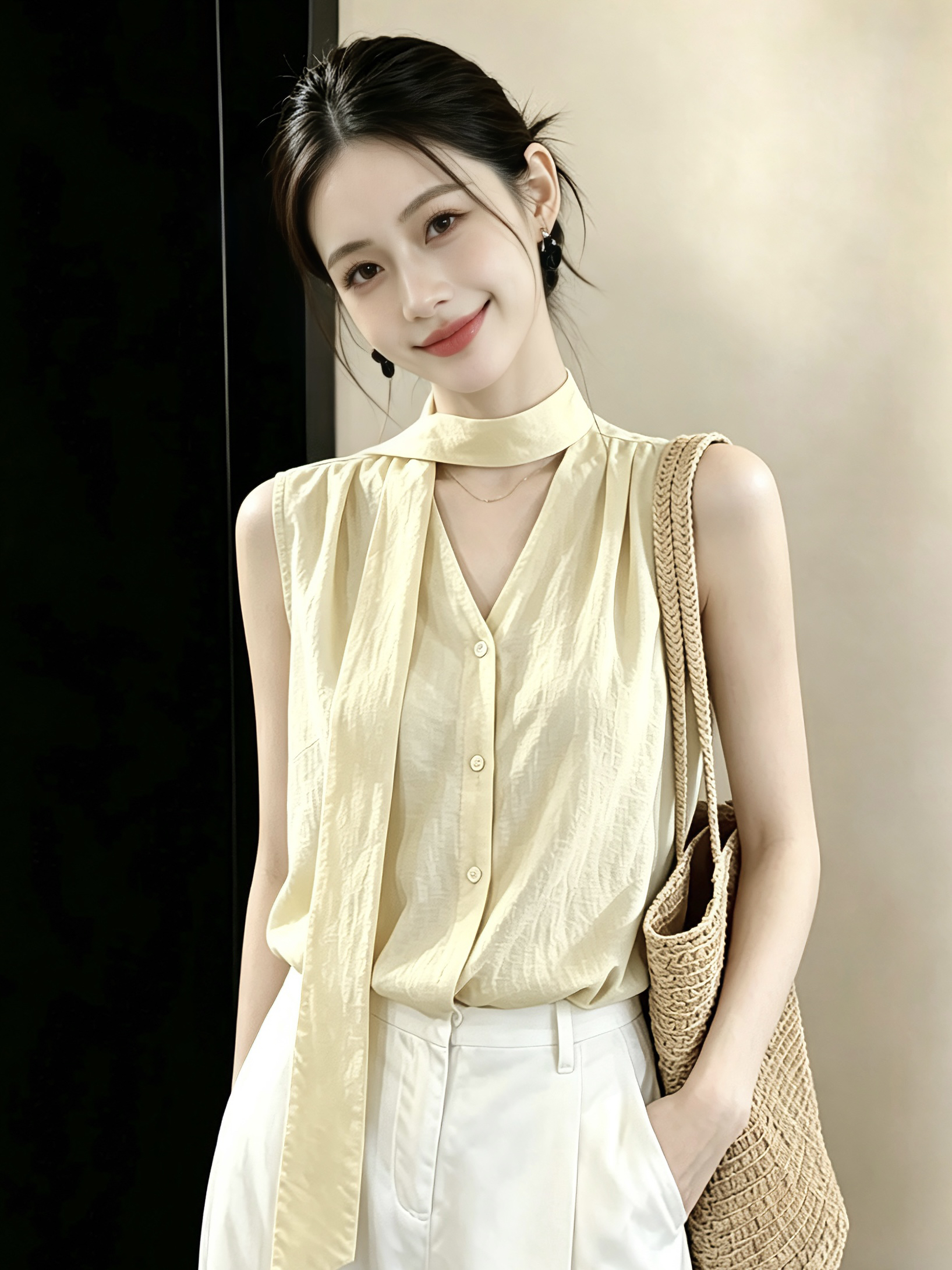 2026 여름 드레스 새로운 레이스업 칼라 얇은 스타일 반팔 여성 셔츠 여름 루즈핏 출퇴근 캐주얼 맨위