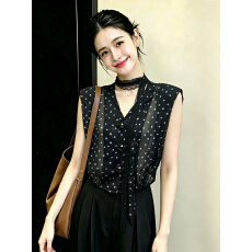 批发韩系复古波点无袖衬衫女<b class='q'>吊带</b>挂脖夏季设计感小众别致小衫雪纺