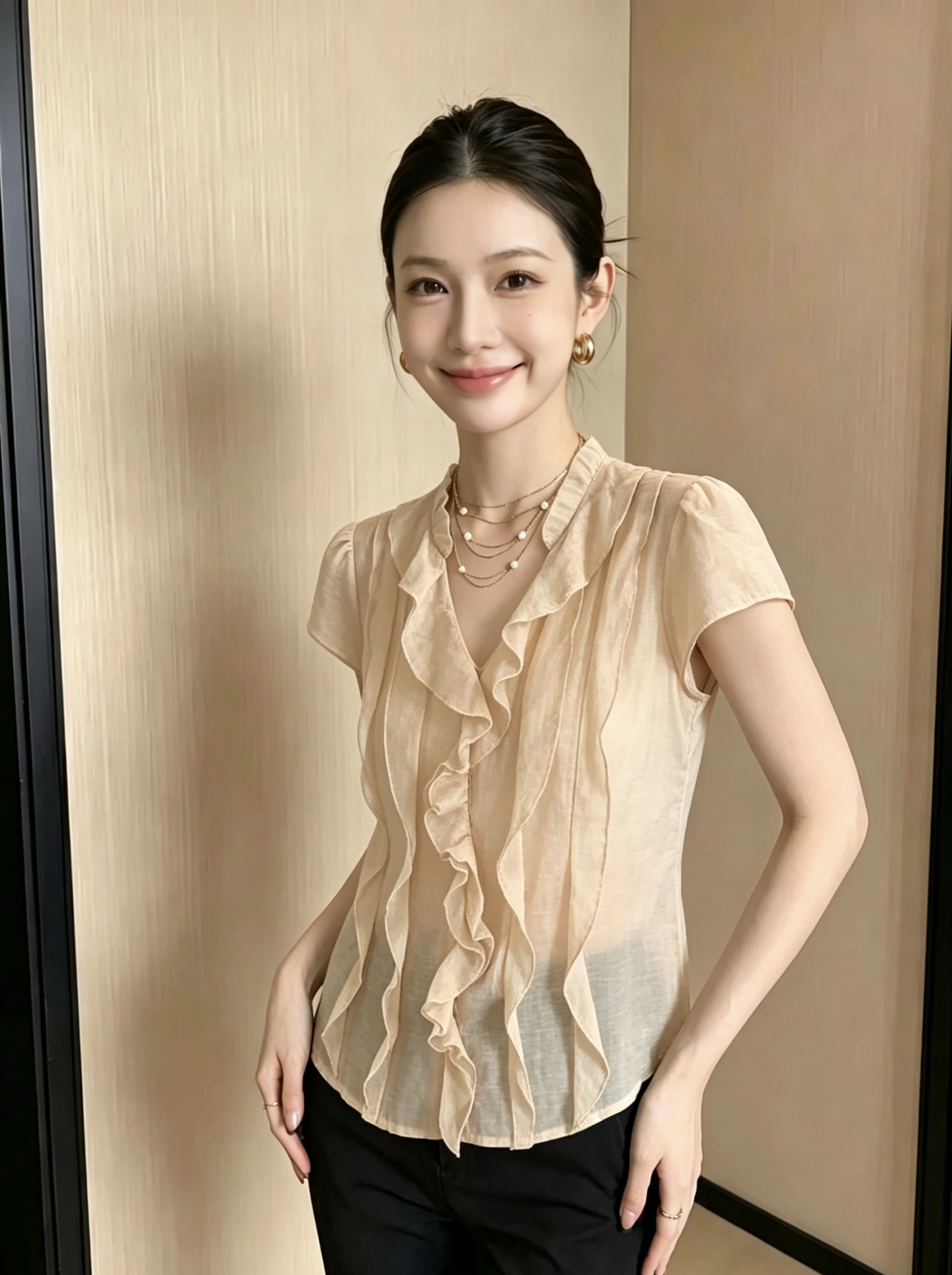 프랑스식 휴가 바람 V넥 프릴 반팔 여성 셔츠 슬림해 보이는 맨위 루즈핏 캐주얼 일반 여성