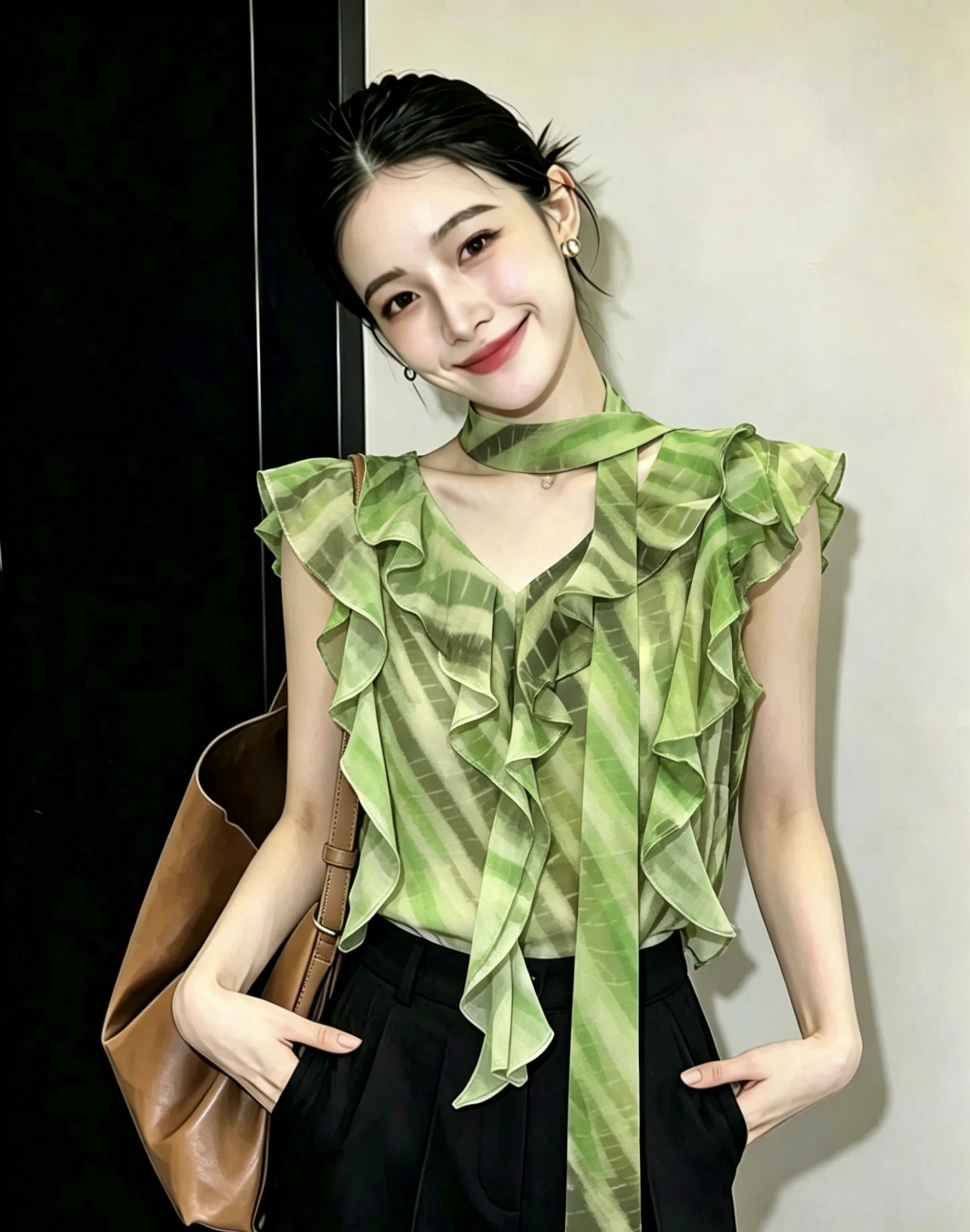 부티크 레트로 프린트 V넥 민소매 쉬폰 여성 셔츠 2026 여름 새로운 다용도 리본 고급 센스 맨위