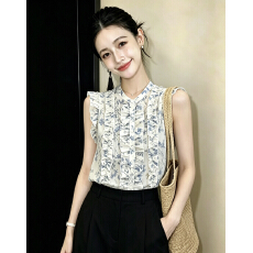 港风气质碎花无袖印花衬衫女夏款设计感显瘦百搭减龄上衣