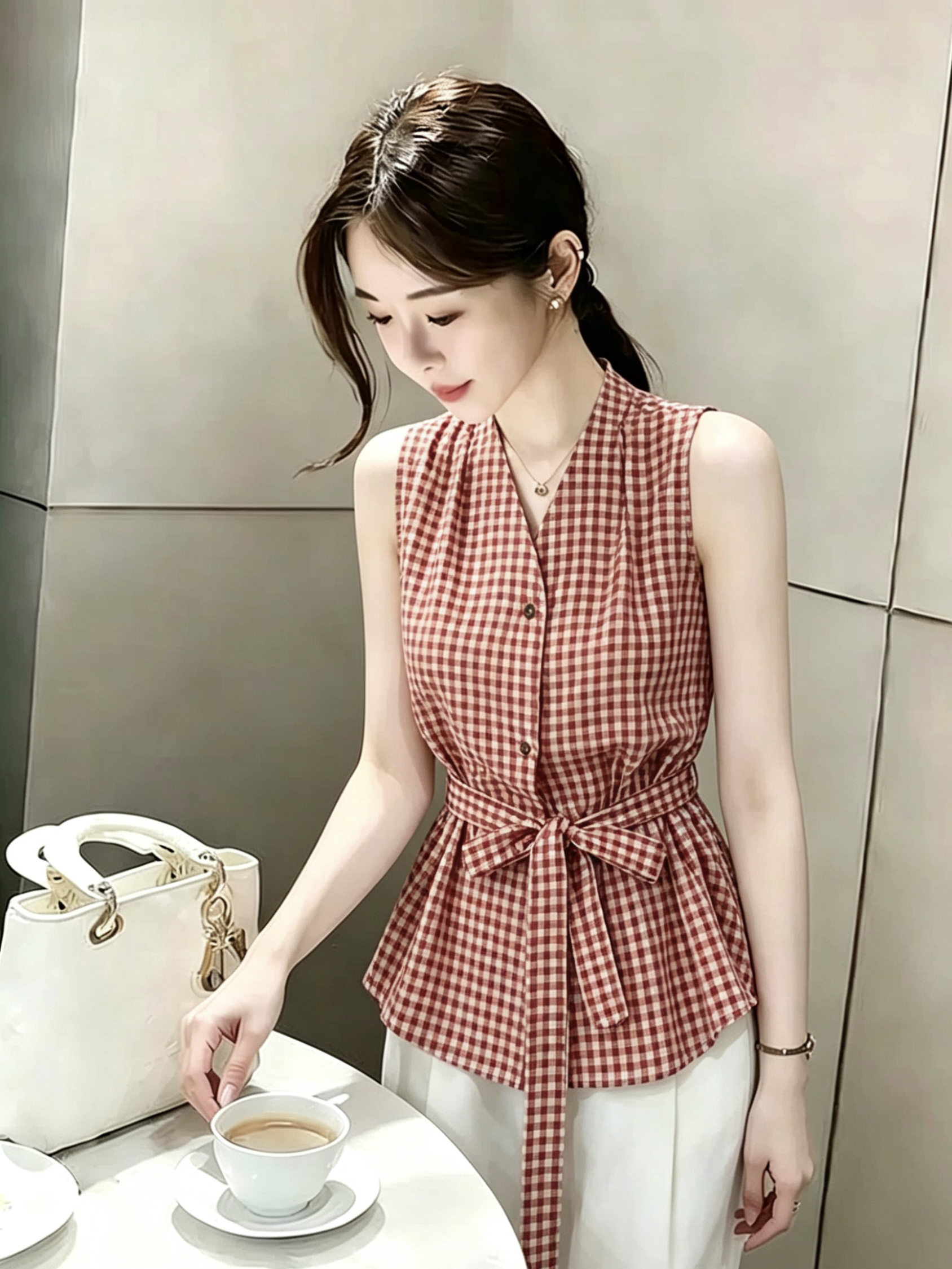 패션 프랑스식 V넥 레이스업 허리 수축 체크무늬 여성 셔츠 여름 출퇴근 품격 다용도 맨위