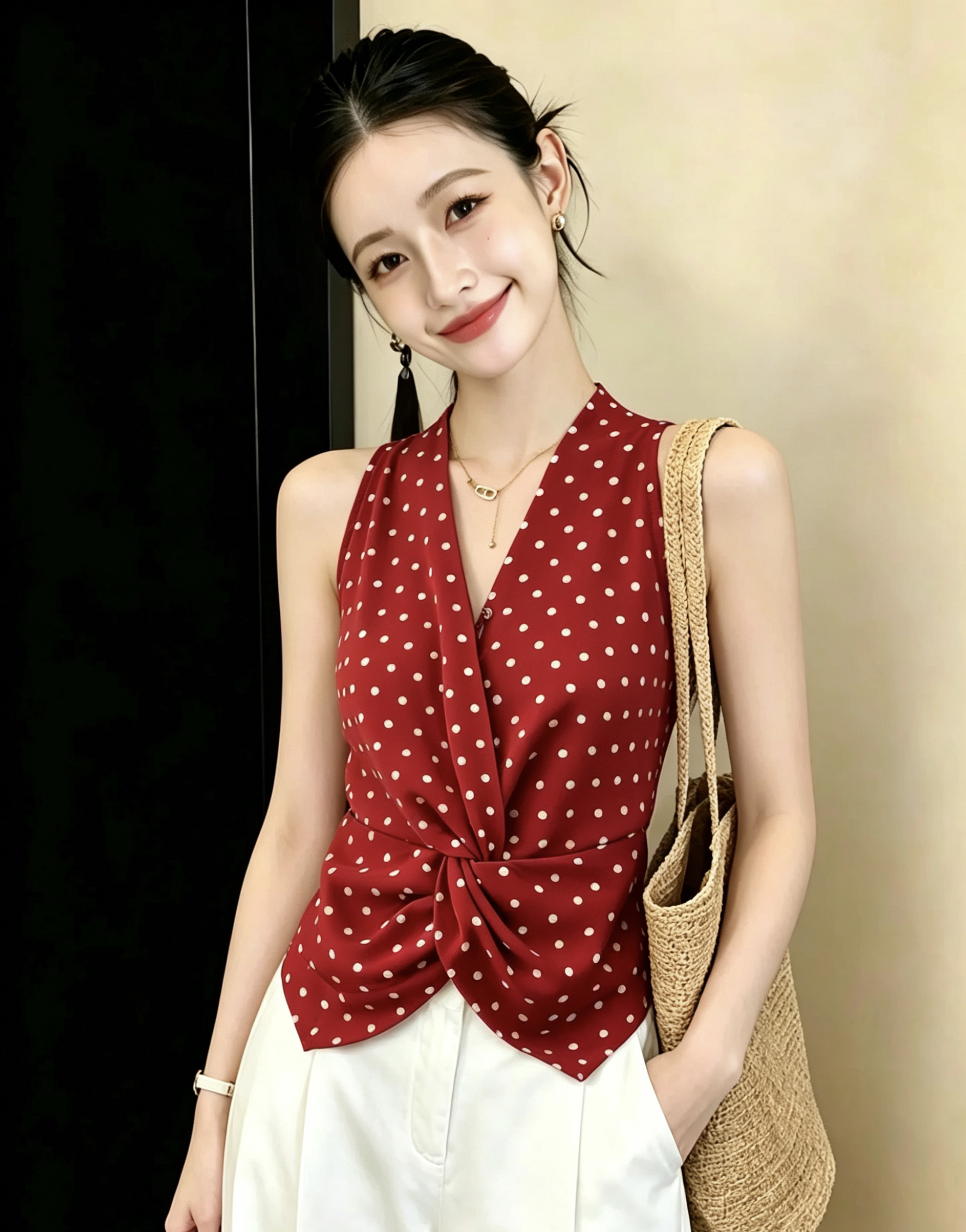 검정색 도트 무늬 행침 목 V넥 캐미솔 여름 인사이드 가져 가라. 2026 새로운 민소매 만나는 맨위 디자인 센스