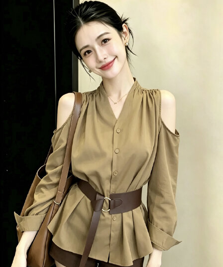 2026 가을 의상 직장 빛 요리 한 품격 맨위 프랑스식 고급 사소한 디자인 센스 커피 색상 허리 수축 오프숄더 셔츠 가을