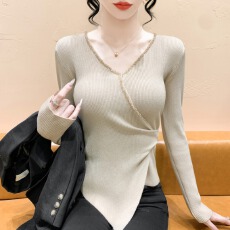 批发实拍 新款领<b class='q'>修身</b>钉钻长袖针织衫女上衣<b class='q'>打底衫</b>纯色套头