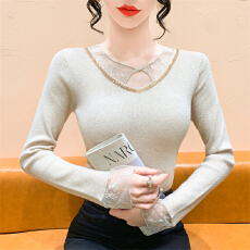 批发实拍性感镂空钉珠衣女秋冬季<b class='q'>修身</b>时尚网纱拼接长袖针织衫