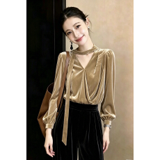 批发美拉德金丝绒2026早秋<b class='q'>衬衣</b>女围脖飘带设计长袖温柔通勤小衫