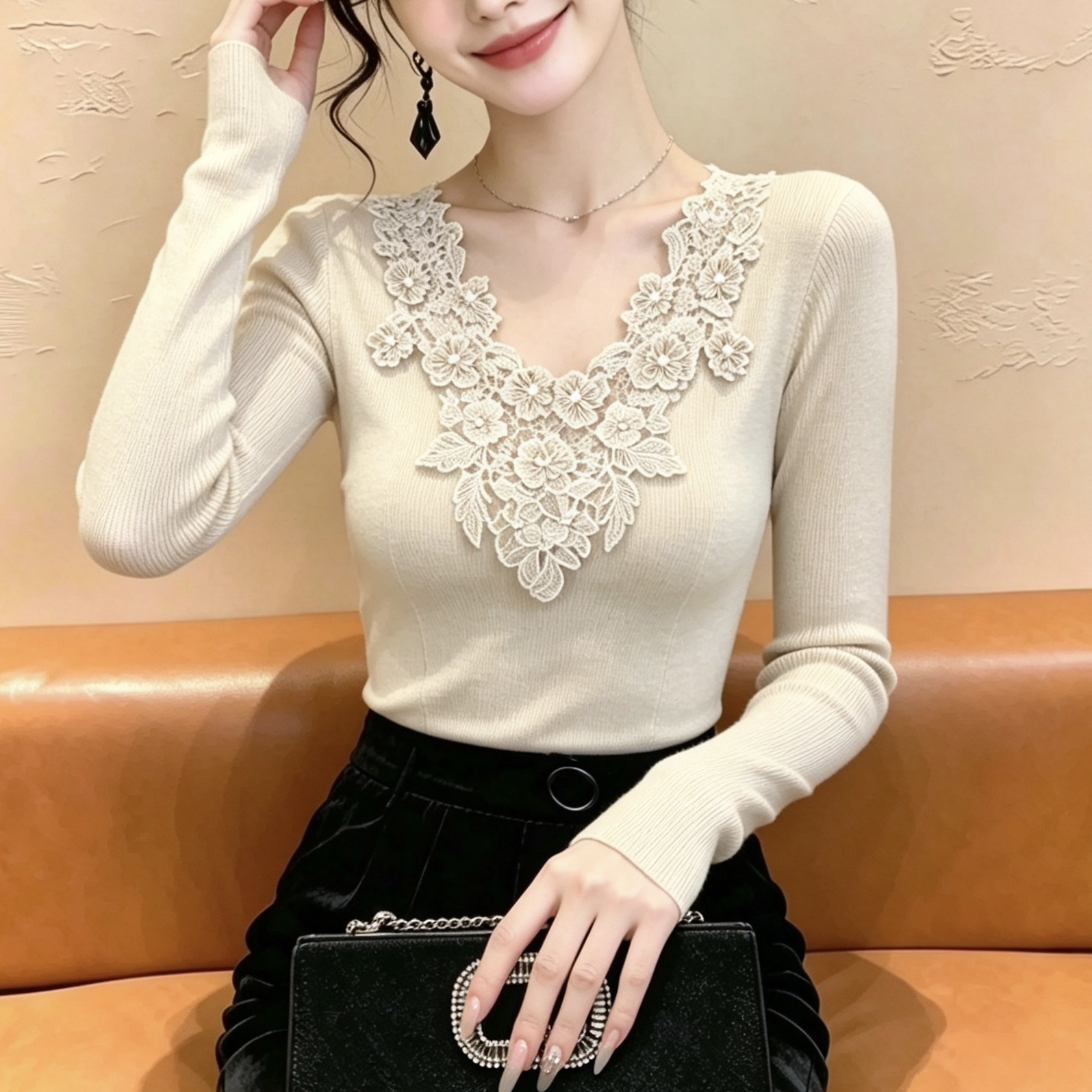 BY36851# 优雅风杏色V领长袖蕾丝钉珠修身毛针织衫显瘦气质  服裝批發女裝批發服飾貨源