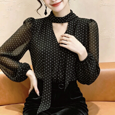 批发韩系设计感V领飘带波点长袖<b class='q'>衬衫</b>女2026秋季新款宽松显瘦百搭上衣