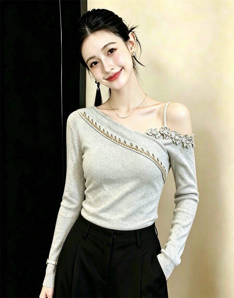 BY36849# 性感镂空钉珠衣女秋冬季修身时尚网纱拼接长袖针织衫  服裝批發女裝批發服飾貨源