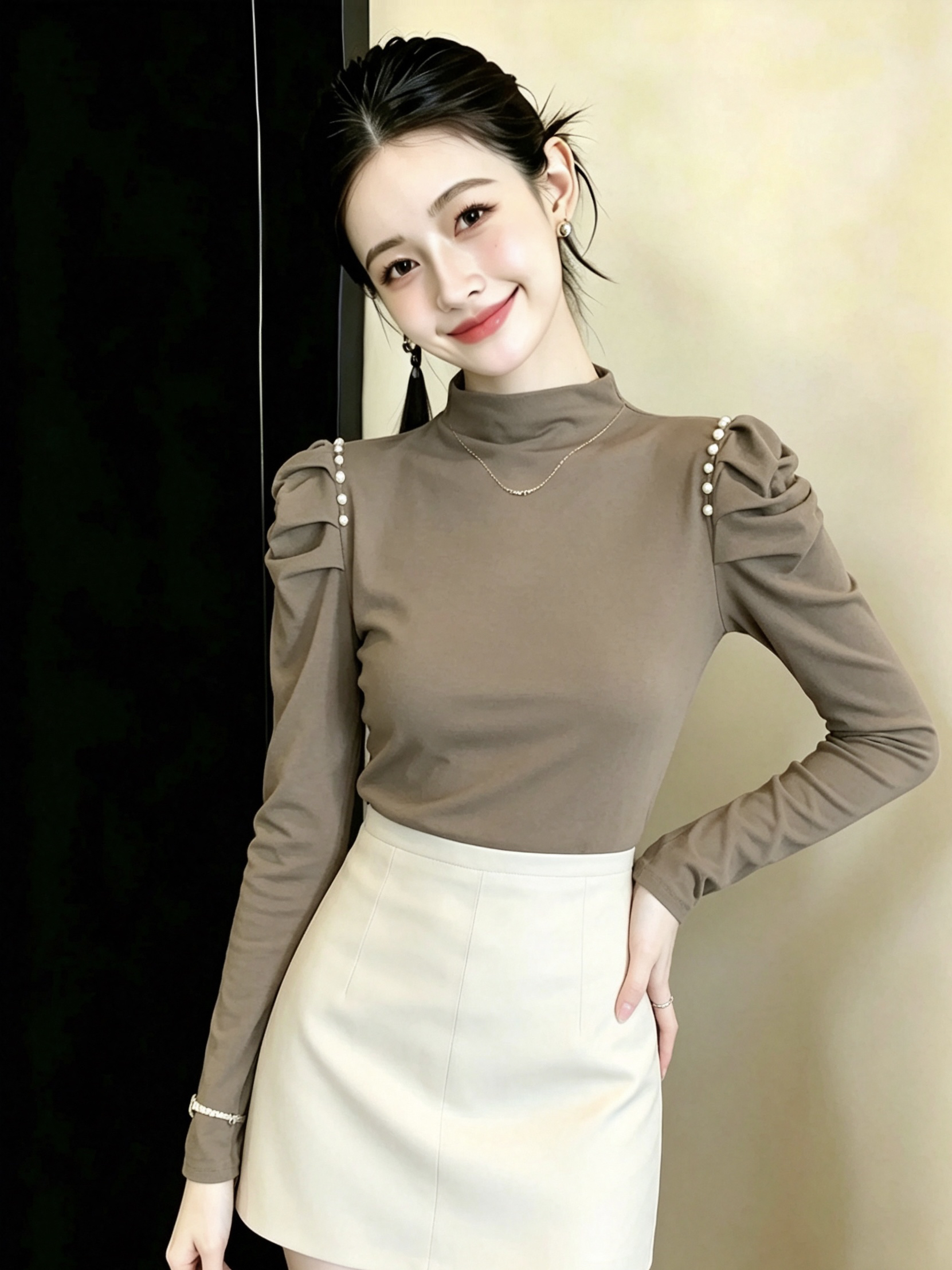 BY36848# 秋冬新款纯欲风半高领泡泡长袖t恤打底衫女内搭上衣  服裝批發女裝批發服飾貨源